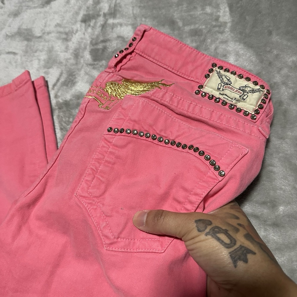 Y2K Robins Marilyn Low Rise Jeans Womens 29 Pink Embroidered Bejeweled Bimbocore - Picture 4 of 14
